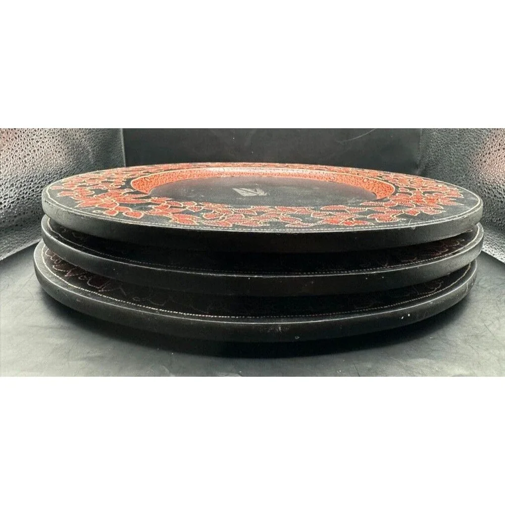 Pier 1 Large Round 13 inch 3 Decorative Wooden Charger Plates Red Black Floral